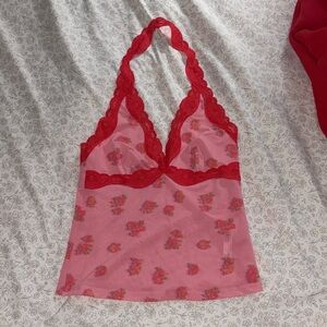 Urban Outfitters Pink Sheer Halter Chemise with Red Lace Trim